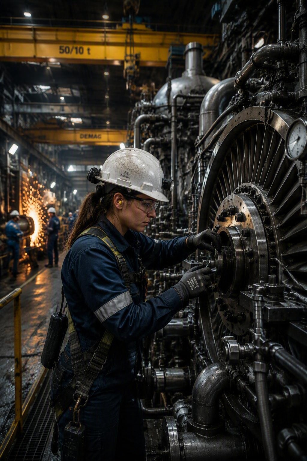 Ambiente industrial com equipe técnica avaliando equipamentos e indicadores de confiabilidade