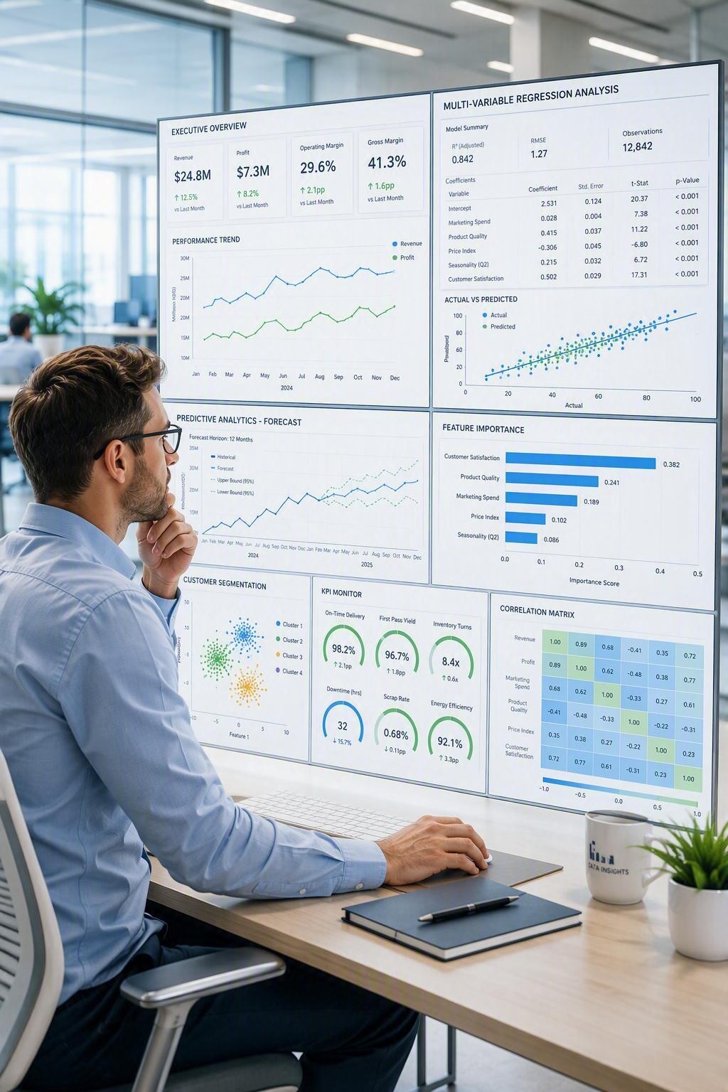 Mesa executiva com gráficos, relatórios e painel de indicadores